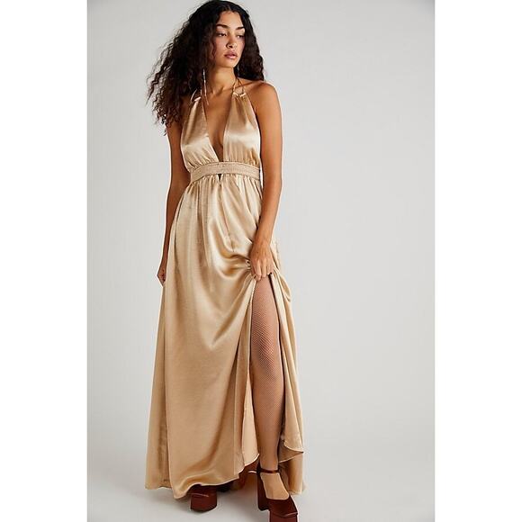 Free People Womens Look Into The Sun Gown Deep V Halter Neck Champagne Size S - Picture 13 of 13